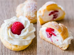 three different pictures of pastries with raspberries on them