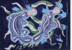 an artistic painting with blue, green and white designs on black paper in the shape of two fish