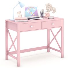 PRICES MAY VARY. Stable Constructure---The pink vanity desks crafted from high-grade thickened MDF Board with Eco-friendly coating, features scratch-resistant, waterproof and easy to clean. Four 1.58” x 1” strong legs ensure the best stability. This small desk with storage features a clean-lined x-shaped cross brace on each side, provides extra sturdy and stable support. Simple Style---The minimalist design with clean lines bring a touch of modern to your home or office, well match any decor in Pink Makeup Vanity, Desk For Bedroom, Office Desk With Drawers, Small Makeup Vanities, Makeup Vanity Table, Girl Desk, Pink Vanity, Desk Styling, Pink Desk