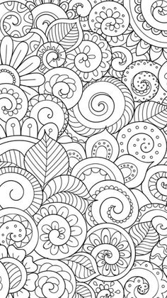 an abstract black and white background with lots of different flowers, leaves and swirls