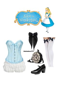 alice in wonderland cosplay costume and accessories including shoes, clock, purse, belt