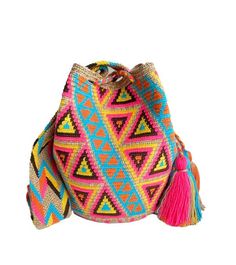 a multicolored bag with tasselled handles