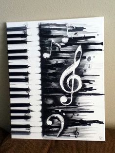 black and white photograph of musical notes on piano keys with grungy paint effect