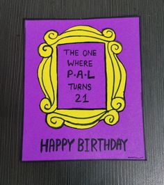 a purple birthday card with the words happy birthday written in black and yellow on it