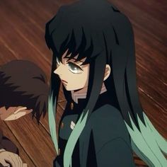 two anime characters standing next to each other on a wooden floor with long black hair