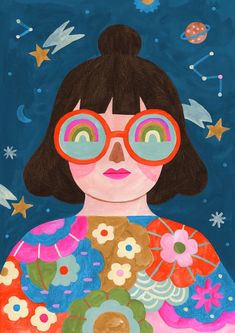 a painting of a woman wearing glasses and holding a flower in her arms with space around her