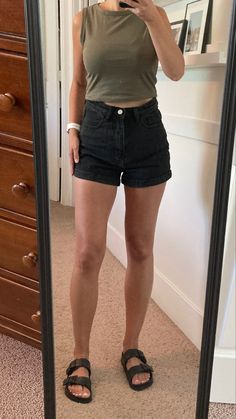 Army Green Tank Top Outfit, Olive Crop Top Outfit, Olive Green Sandals Outfit, Olive Tank Top Outfit, Black Mom Shorts Outfit, Olive Green Tank Top Outfit, Green Birkenstocks Outfit, Olive Green Bodysuit Outfit, Green Tank Outfit