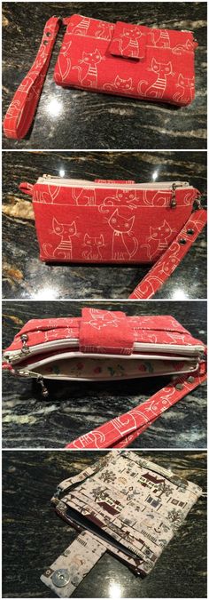 three different images of red and white purses on a black table with the same pattern