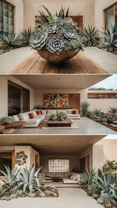 three different shots of the inside of a house with plants in pots and couches