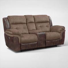 the reclining loveseat with two seats is shown in brown and tan colors