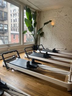 there are many treadmills in the room and one has a potted plant