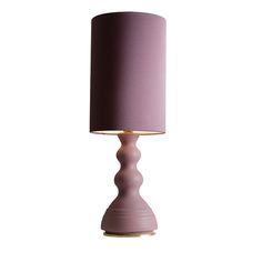 a table lamp with a purple shade on it