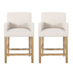 pair of beige upholstered bar stools with wood legs and backrests