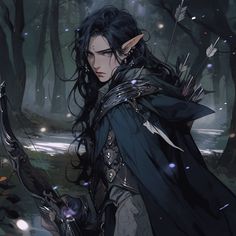 a man with long black hair holding a bow and arrow in his hand while standing in the woods