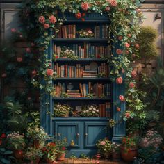 a painting of a bookshelf with flowers and plants growing on it's sides