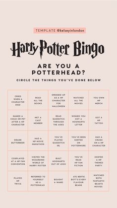 the harry potter bingo game is shown in black and white, with an orange border