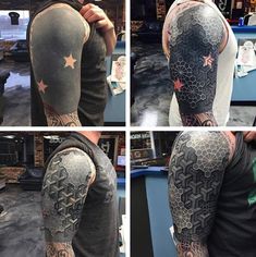 four different views of a man's arm with tattoos on it, including the back and