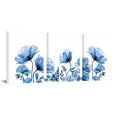 three blue flowers on a white background are featured in this wall art piece, which is mounted