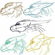 four different types of dragon heads in various colors and sizes, each with one head facing the same direction