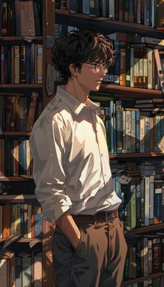 a man standing in front of a book shelf filled with books