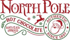 the north pole hot chocolate logo with santa claus and snowflakes in red, green and white