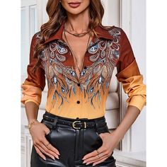 Season:Fall,Spring; Fabric:Polyester; Sleeve Length:Long Sleeve; Look After Me:Machine wash; Gender:Women's; Style:Stylish,Modern; Elasticity:Inelastic; Tops Type:Shirt; Occasion:Daily,Work; Top Length:Regular; Fit Type:Loose Fit; Pattern:Feather,Color Gradient; Design:Button,Print; Neckline:Shirt Collar; Brand:Shall We; Front page:FF; Listing Date:07/10/2024; Production mode:External produce; Bust:null; Length:null; Sleeve:null; Fit US Size:null; Fit UK Size:null; Fit EU Size:null; Print Type:3 Graphic Shirts Women, Pretty Clothing, Gradient Design, Color Gradient, Spring Fabric, Women Shirts Blouse, Shirt Button, Fashion Mode, Shirt Collar