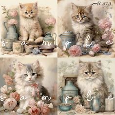 four pictures of kittens with flowers and teapots