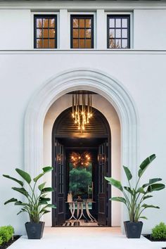 an entrance to a house with potted plants and chandeliers hanging from the ceiling