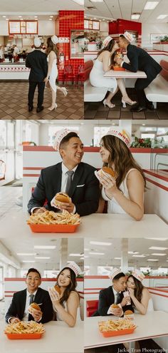 a man and woman sitting at a table in a fast food restaurant eating french fries