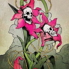 a drawing of two flowers with skulls in the middle one is pink and yellow, while the other has green stems