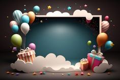 an empty frame surrounded by balloons, presents and stars on a dark background with confetti