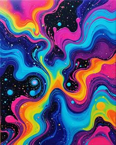 an abstract painting with multicolored paint and bubbles on the bottom, as well as stars in the background