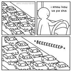 a comic strip with cars in the background and an image of a man driving through a parking