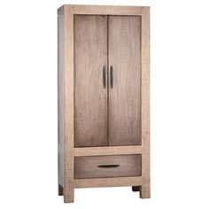 a tall wooden cabinet with two drawers on one side and an open drawer on the other