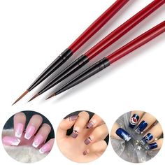 3Pcs Liner Brush Acrylic French Stripe 3D Tips Manicure Nail Line Drawing Pen Nail Art Vermelho, Pencil Nails, Nail Art Stripes, Nail Pen, Nail Stencils, Gel Polish Manicure, Nail Stamper, Liner Brush, Manicure Diy