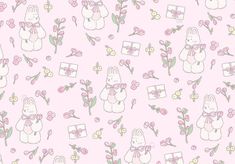 a pink wallpaper with rabbits and flowers on it's side, in the center is a gift box