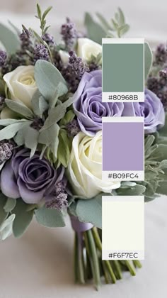 a wedding bouquet with purple and white roses, greenery and lavender color palettes