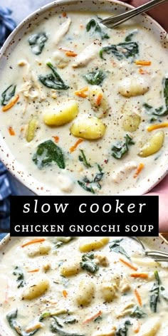 This copycat Olive Garden creamy slow cooker chicken gnocchi soup with flavorful chicken and pillowy potato gnocchi is pure comfort food. Chicken Gnocchi Soup Crockpot, Slow Cooker Chicken Gnocchi Soup, Slow Cooker Chicken Gnocchi, Chicken Gnocchi Soup Recipe, Gnocchi Recipes Soup, Olive Garden Chicken Gnocchi, Chicken Gnocchi Soup Olive Garden, Olive Garden Chicken, Chicken Potato