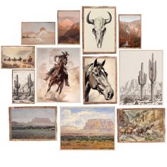 many pictures of wild animals and mountains are shown in this collage, including an image of a cowboy riding a horse