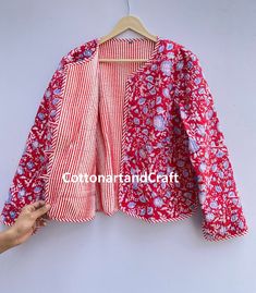 Welcome to Cottonartandcraft  Handmade Delivery from a small business in India Materials: Cotton Fabric Quality - 100 % cotton Sizes - Small Size - Chest -38 inch / 96.52 cm Length- 20.5 inch / 52.07 cm Sleeves -22 inch / 55.88 cm Medium Size - Chest-40 inch / 101.6 cm Length- 20.5 inch / 52.07 cm Sleeves -22 inch / 55.88 cm Large Size - Chest- 42 Inch / 106.68 cm Length- 21 inch / 53.34 cm Shoulder -15.5 inch / 39.37 cm Sleeves -22 inch / 55.88 cm XL Size - Chest -44 inch / 111.76 cm Length - 2 Red Cotton Blazer For Winter, Red Cotton Blazer For Spring, Long Sleeve Cotton Patchwork Blazer, Red Cotton Long Sleeve Blazer, Red Long Sleeve Cotton Blazer, Red Cotton Blazer, Quilted Jacket, Floral Printed, Printed Cotton