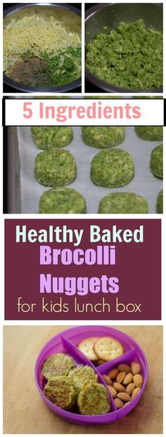 healthy baked broccoli nuggets for kids lunch box with text overlay