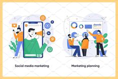 two illustrations depicting social media and marketing