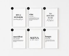 six black and white posters with different font styles