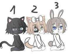 three cartoon cats sitting next to each other with numbers on their faces and ears in front of them