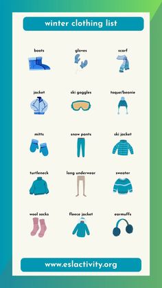 the winter clothing list is shown in blue and green