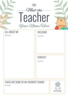 a printable teacher's planner is shown with the words meet the teacher on it