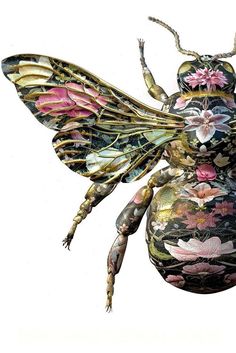 a bug with flowers on it's body and wings