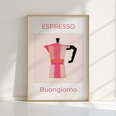 a coffee maker with the words espresso on it in front of a white wall