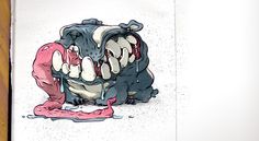 a drawing of a monster with its mouth open and tongue out sitting on the floor