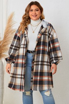 Plus Size Plaid Drop Shoulder Hooded Coat - Jackets - FITGGINS Long Plaid Coat, Plus Size Plaid, Plus Size Fall, Plus Size Winter, Plus Size Coats, Plaid Coat, Long Sleeves Coats, Wool Blend Coat, Warm Coat